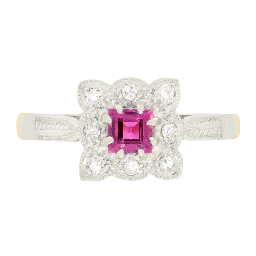 Vintage 0.25ct Ruby and Diamond Cluster Ring, hallmarked 1965