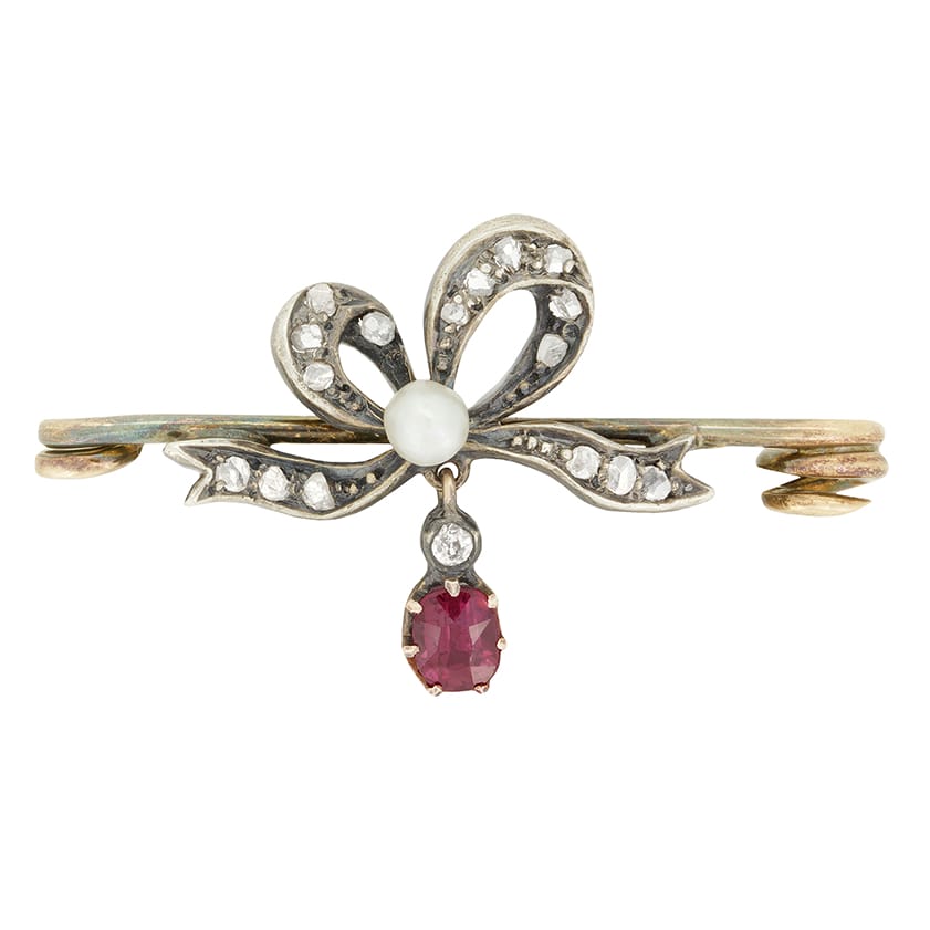 Victorian 0.30ct Ruby, Diamond and Pearl Brooch, c.1880s