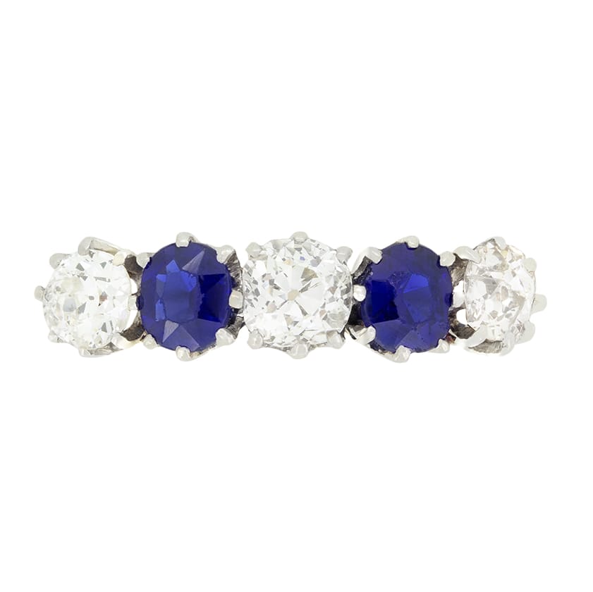 Edwardian 1.05ct Diamond and Sapphire Five Stone Ring, c.1910s