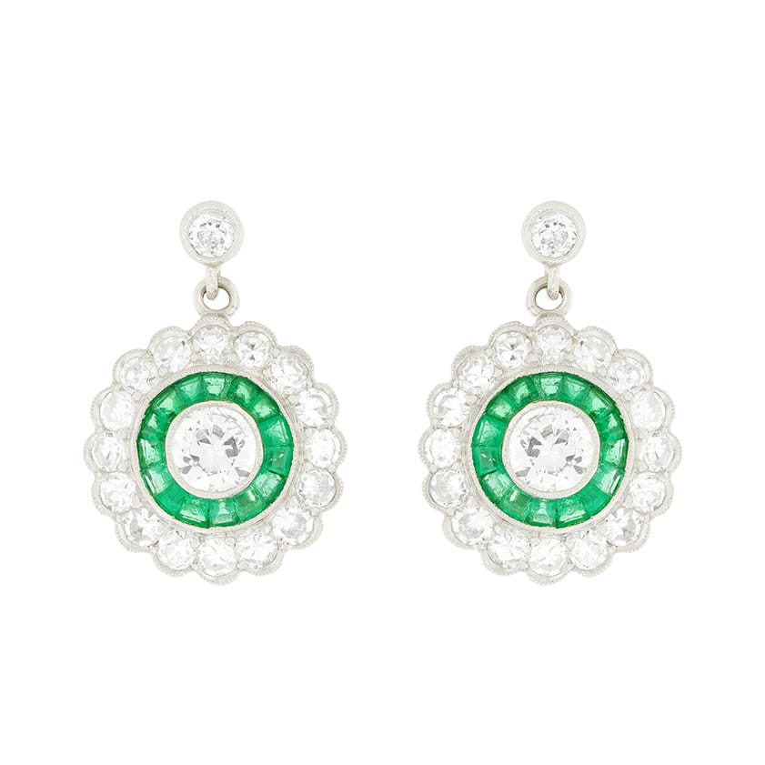Late Deco 2.60ct Diamond and Emerald Target Earrings, c.1940s