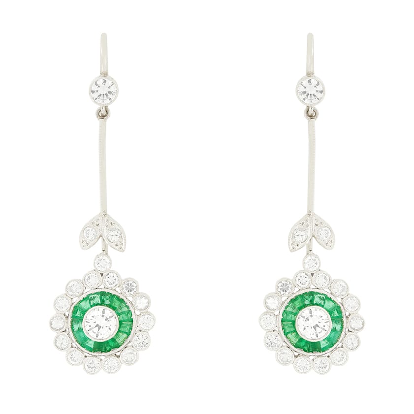 Late Deco 2.90ct Diamond and Emerald Target Drop Earrings, c.1940s