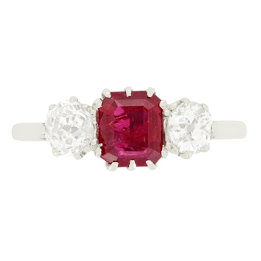 Art Deco 0.90ct Ruby and Diamond Three Stone Ring, c1920s