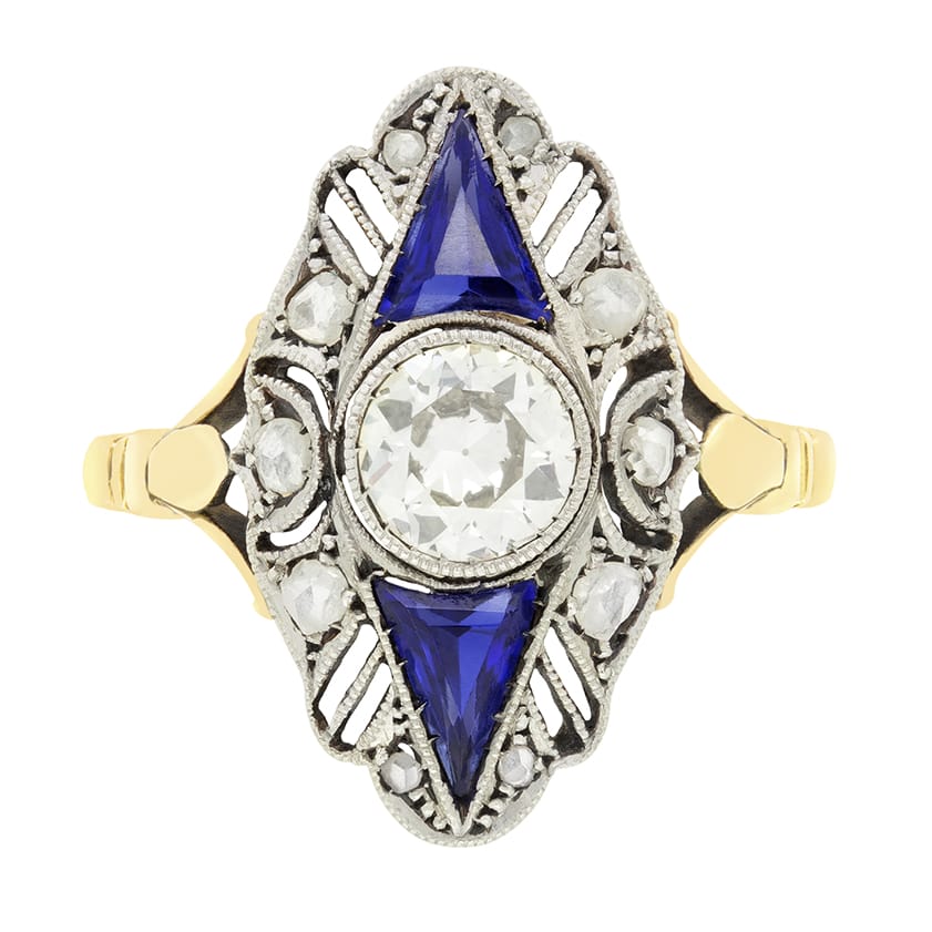 Edwardian 0.85ct Diamond and Sapphire Navette Ring, c.1910s