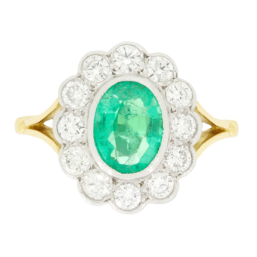 Vintage 1.55ct Emerald and Diamond Cluster Ring, c.1970s