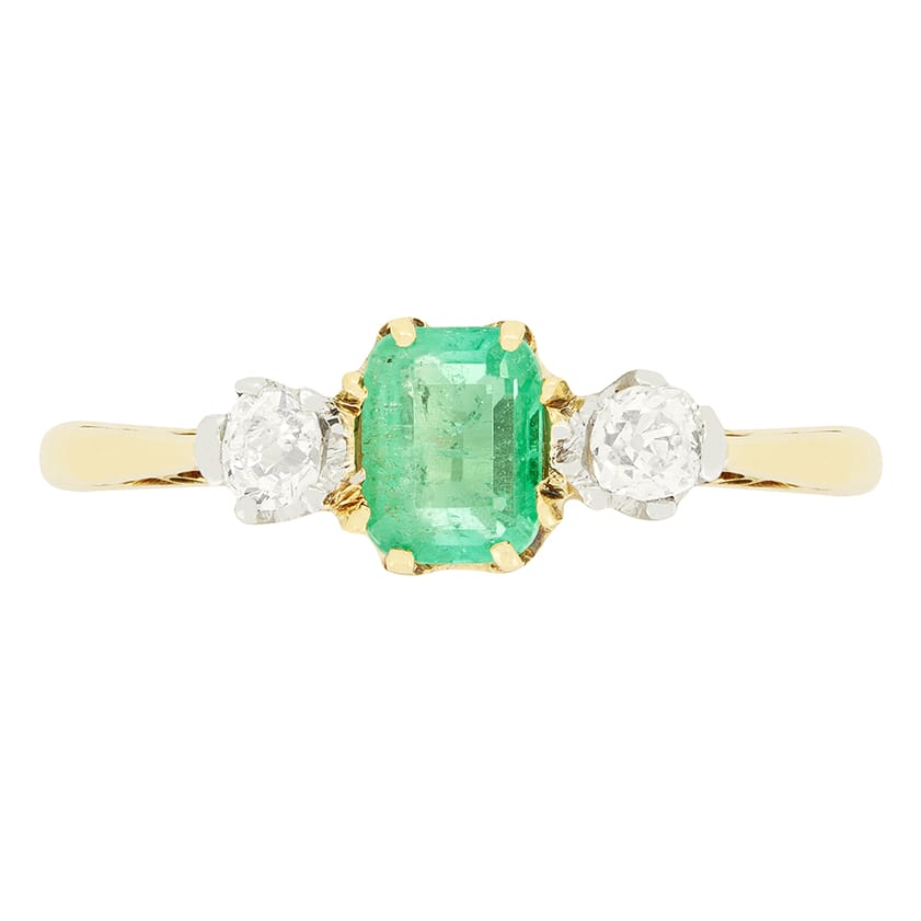 Edwardian 0.40ct Emerald and Diamond Three Stone Ring, c.1910s