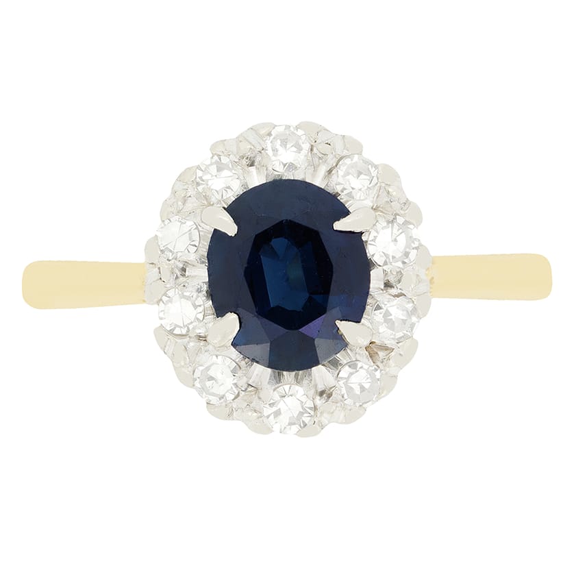 Vintage Sapphire and Diamond Cluster Ring, hallmarked 1962