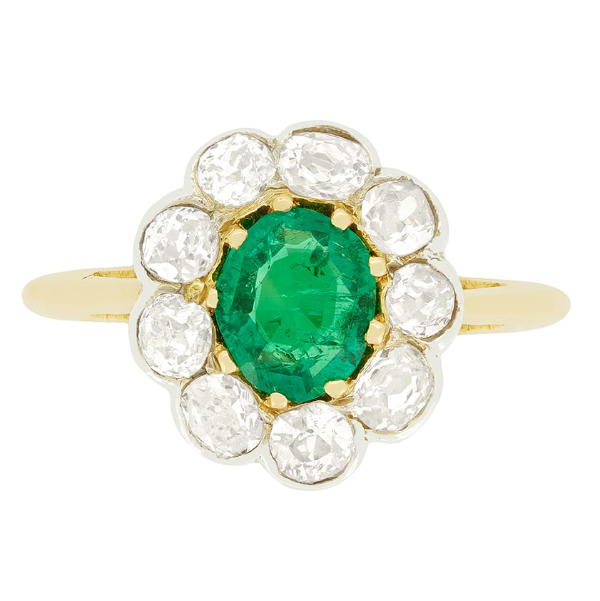 Edwardian 0.60ct Emerald and Diamond Cluster Ring, c.1910s