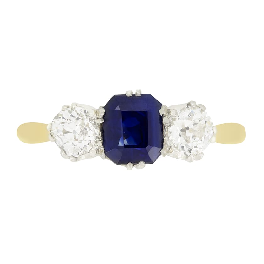Edwardian 1.35ct Sapphire and Diamond Trilogy Ring, c.1910s