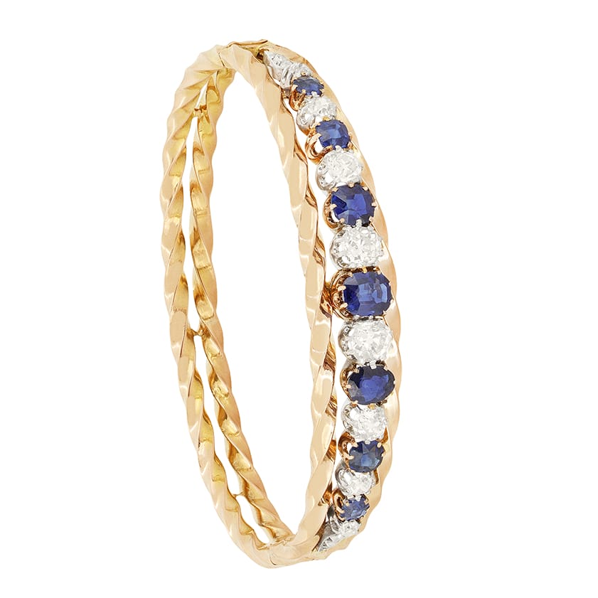 Antique French 3.40ct Sapphire and Diamond Bangle, c.1900s