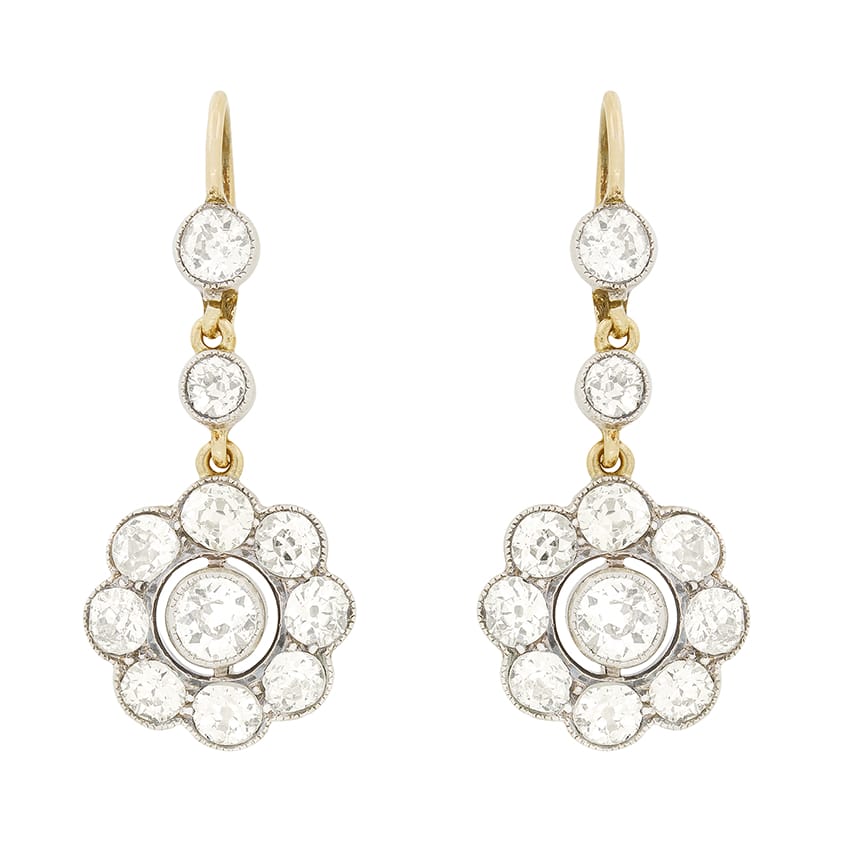 Edwardian 3.30ct Diamond Daisy Drop Earrings, c.1910s