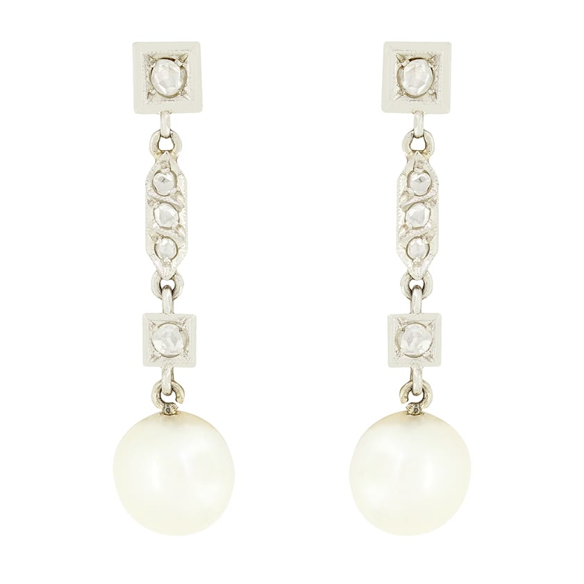 Art Deco Pearl and Diamond Drop Earrings, .c1920s