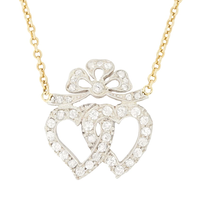 Victorian 1.20ct Diamond Double Heart Necklace, c.1880s