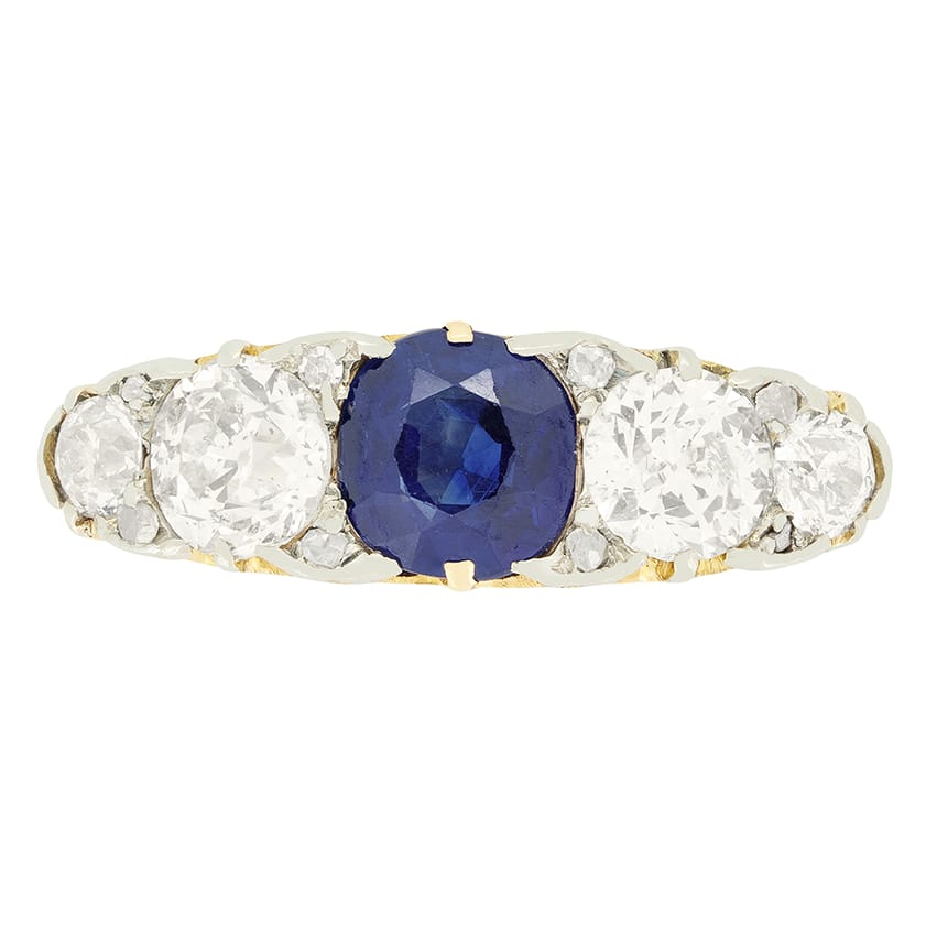 Victorian 1.05ct Sapphire and Diamond Five Stone Ring, c.1880s