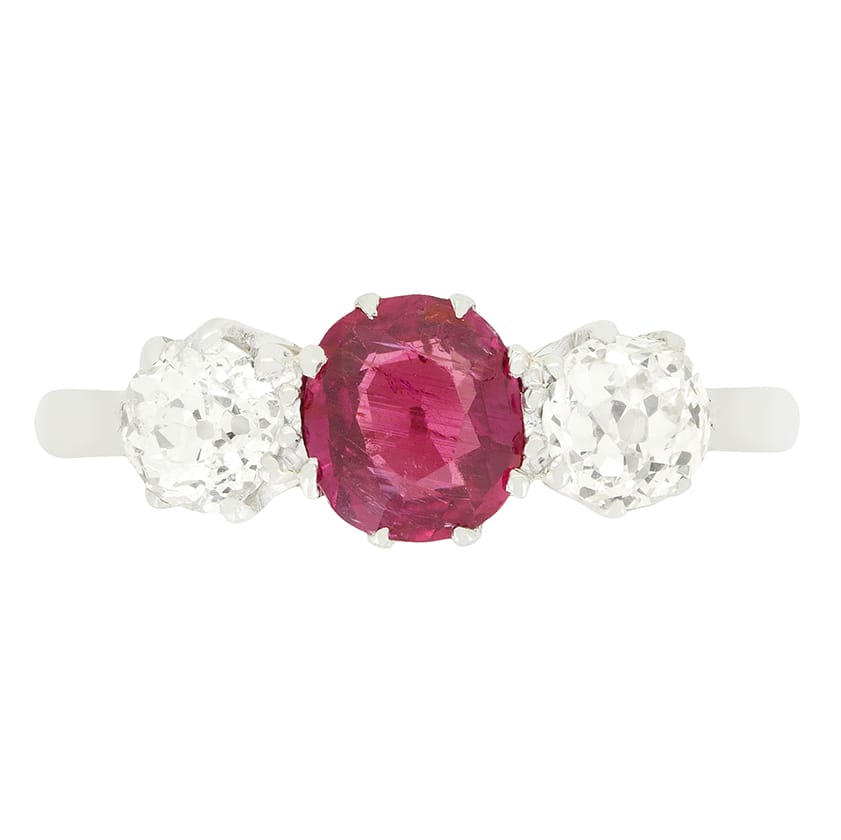 Art Deco 1.00ct Ruby and Diamond Three Stone Ring, c.1920s