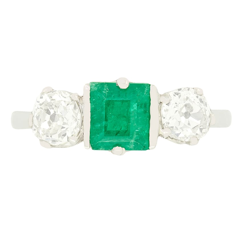 Art Deco 0.80ct Emerald and Diamond Three Stone Ring, c.1920s