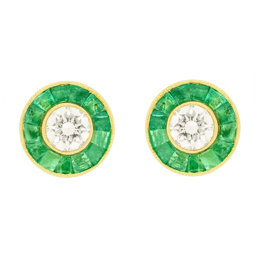 Vintage 0.50ct Diamond and Emerald Target Earrings, c.1980s
