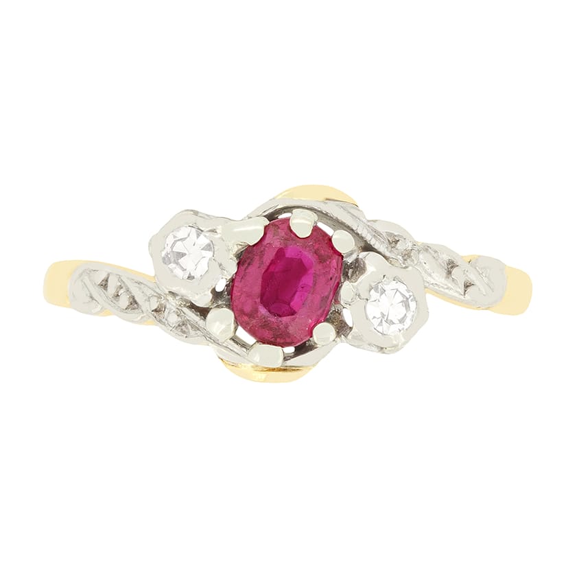 Edwardian 0.40ct Ruby and Diamond Three Stone Twist Ring, c.1910s
