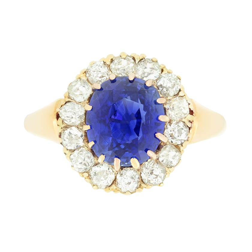 Victorian 3.10ct Sapphire and Diamond Cluster Ring, c.1880s