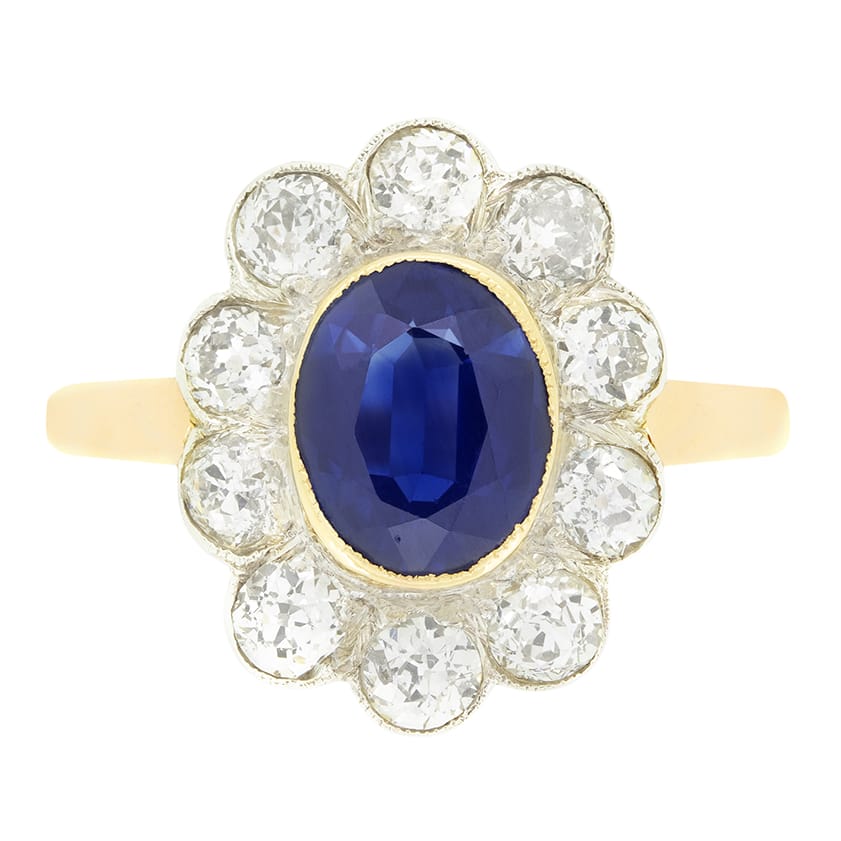Edwardian 1.50ct Sapphire and Diamond Cluster Ring, c.1910s