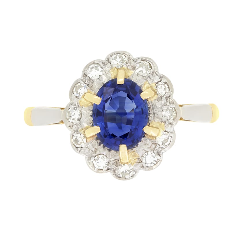 Edwardian 0.80ct Sapphire and Diamond Cluster Ring, c.1910s