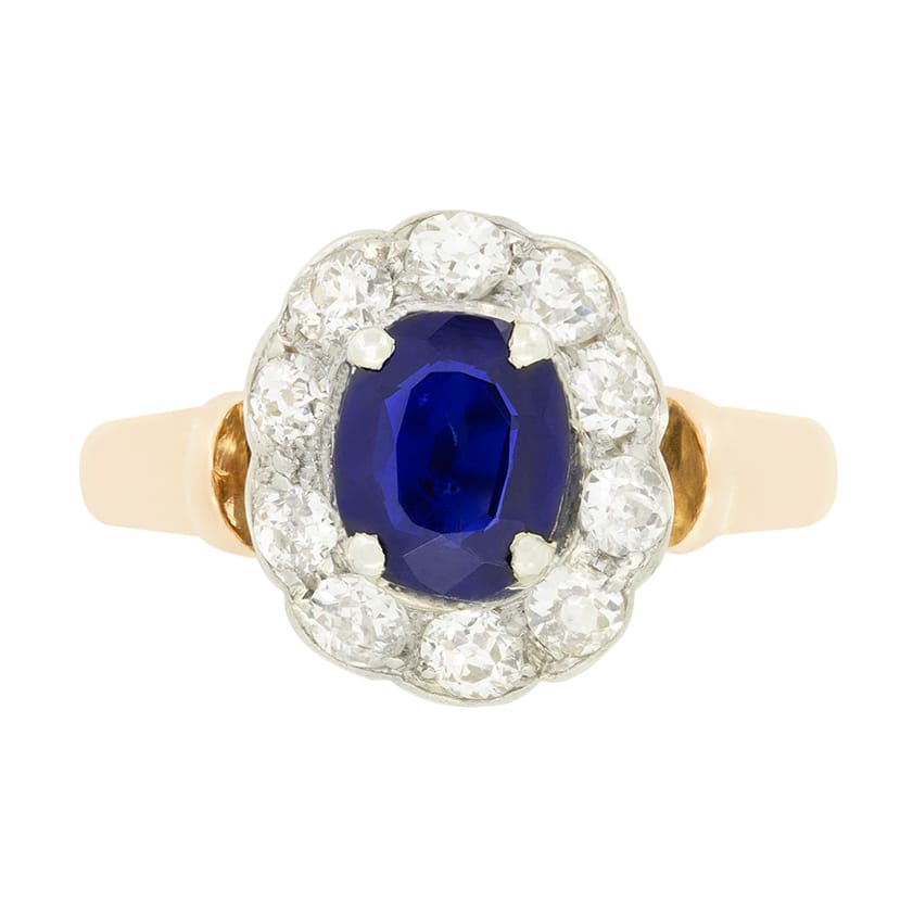 Edwardian 1.00ct Sapphire and Diamond Cluster Ring, c.1910s