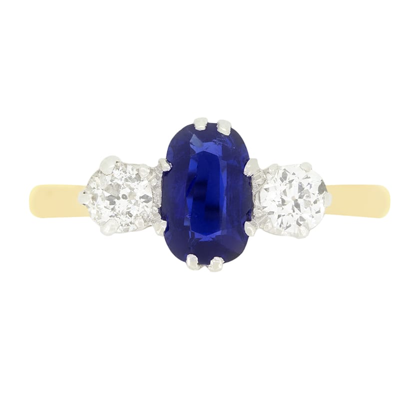 Edwardian 0.85ct Sapphire and Diamond Three Stone Ring, c.1910s