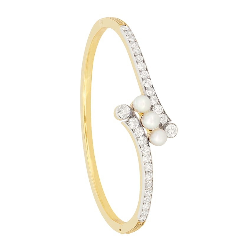 Victorian 2.70ct Diamond and Pearl Bangle, c.1880s