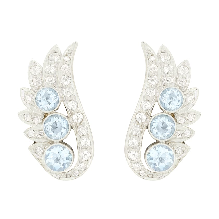 Art Deco 1.50ct Aquamarine and Diamond Earrings, c.1920s