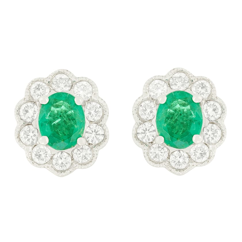 Vintage 1.00ct Emerald and Diamond Cluster Earrings, c.1970s
