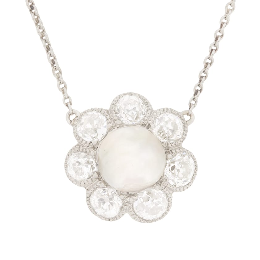 Victorian Natural Pearl and Diamond Flower Necklace, c.1900s
