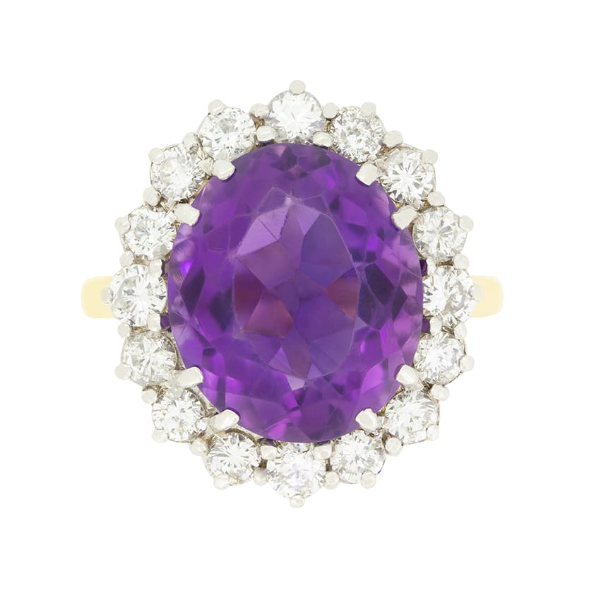 Vintage 7.50ct Amethyst and Diamond Cluster Ring, hallmarked 1994