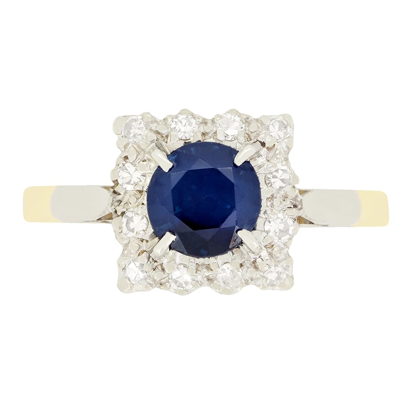 Vintage 1.00ct Sapphire and Diamond Cluster Ring, c.1950s