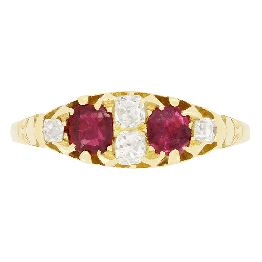 Victorian 0.40ct Ruby and Diamond Carved Shank Ring, c.1880s
