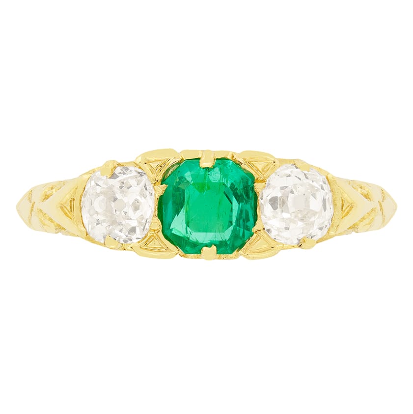 Victorian 0.50ct Emerald and Diamond Three Stone Ring, c.1880s