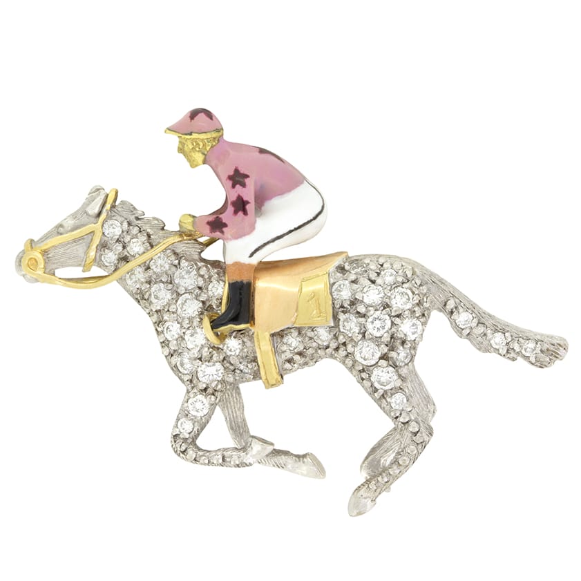 Vintage 0.35ct Horse and Jockey Brooch, c.1970s