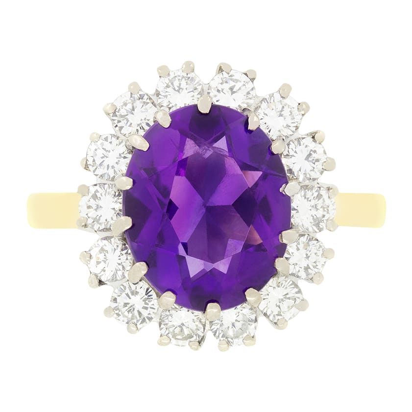 Vintage 2.85ct Amethyst and Diamond Cluster Ring, hallmarked, c.1985