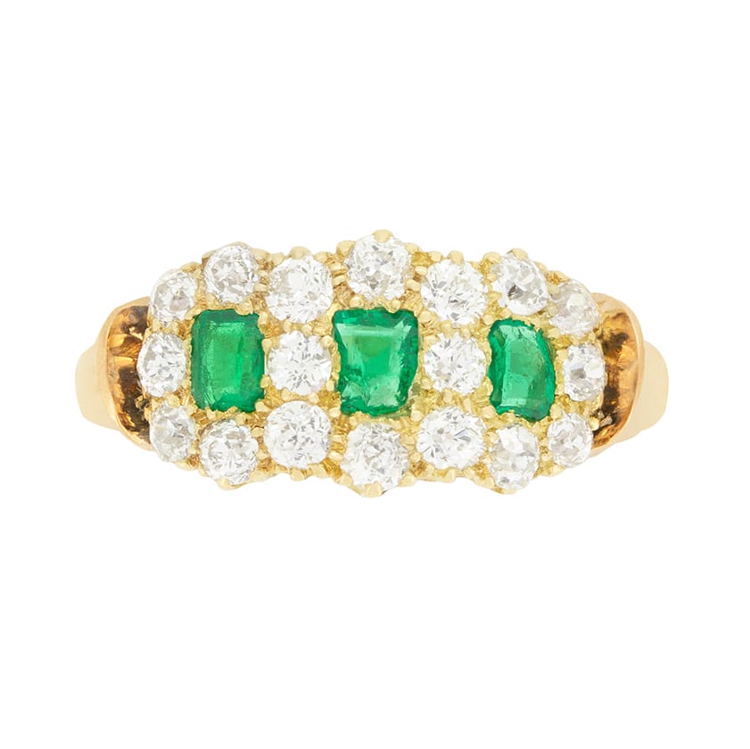 Victorian 0.50ct Emerald and Diamond Triple Cluster Ring, c.1880s