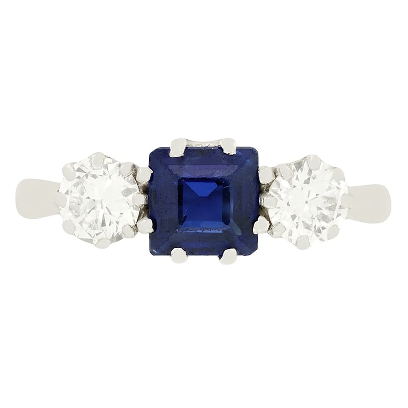 Art Deco 1.30ct Sapphire and Diamond Three Stone Ring, c.1930s