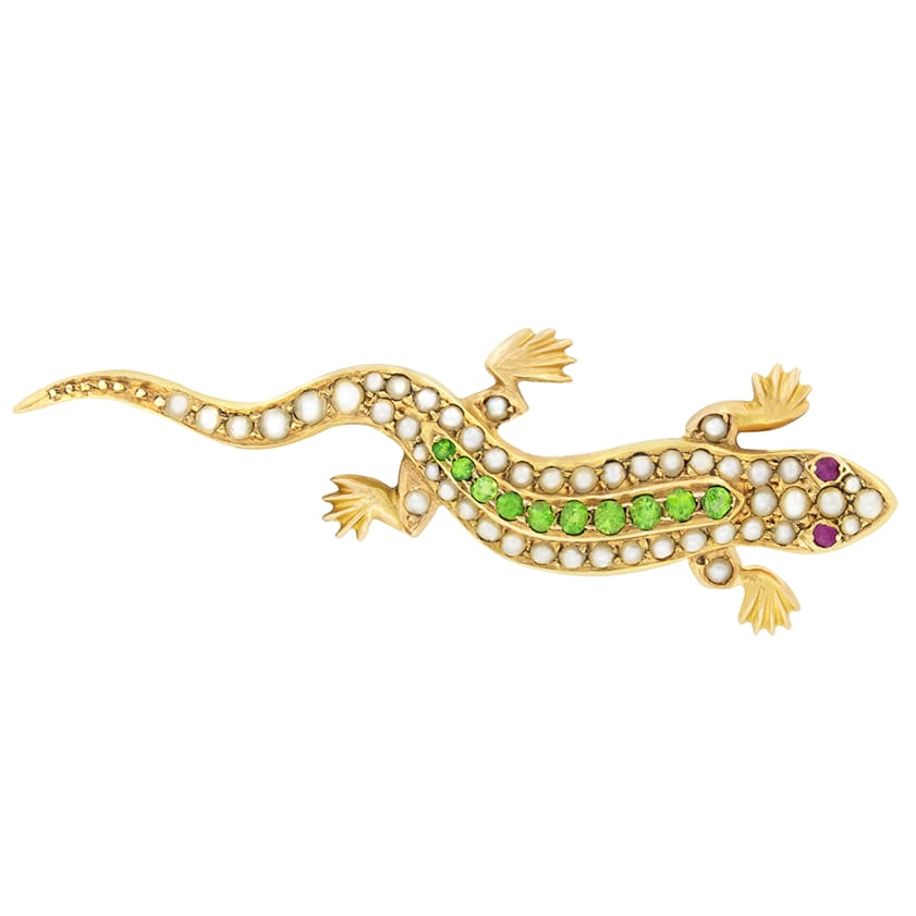 Victorian 0.25ct Demantoid Garnet, Pearl and Ruby Salamander Brooch, c.1900s