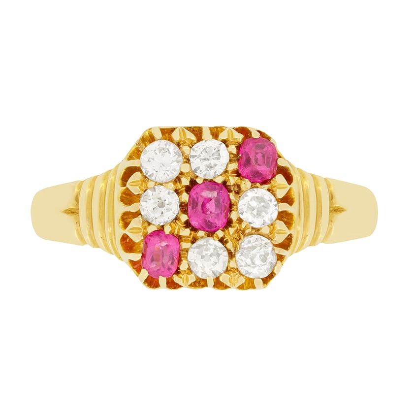 Victorian 0.30ct Diamond and Pink Sapphire Cluster Ring, hallmarked 1908