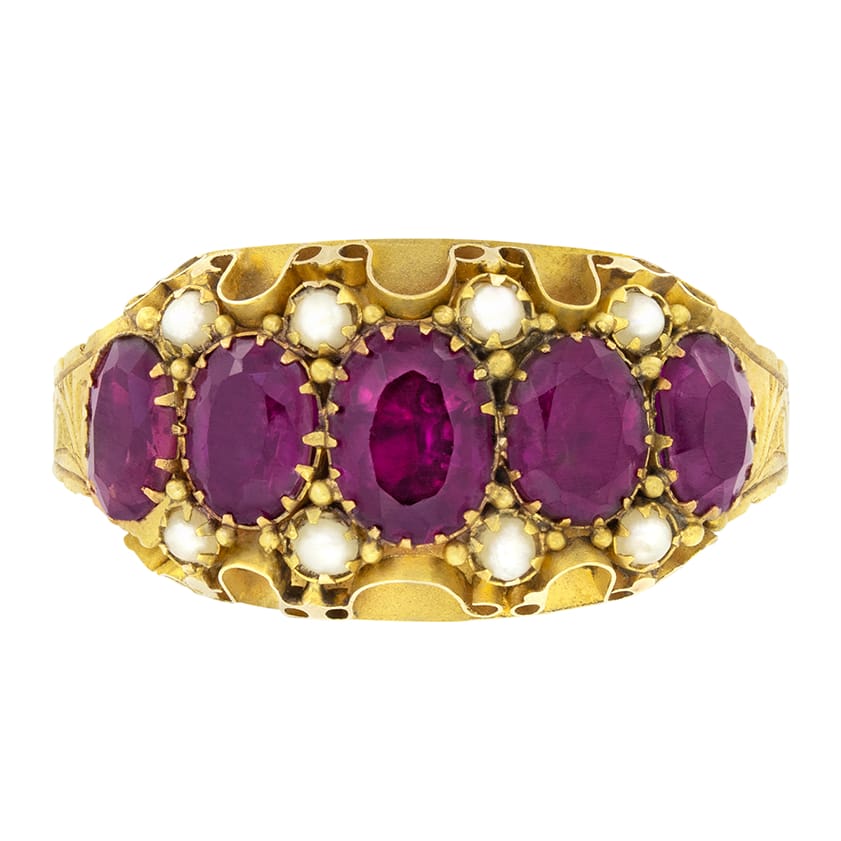 Victorian 1.40ct Garnet and Pearl Cannetille Ring, hallmarked 1883