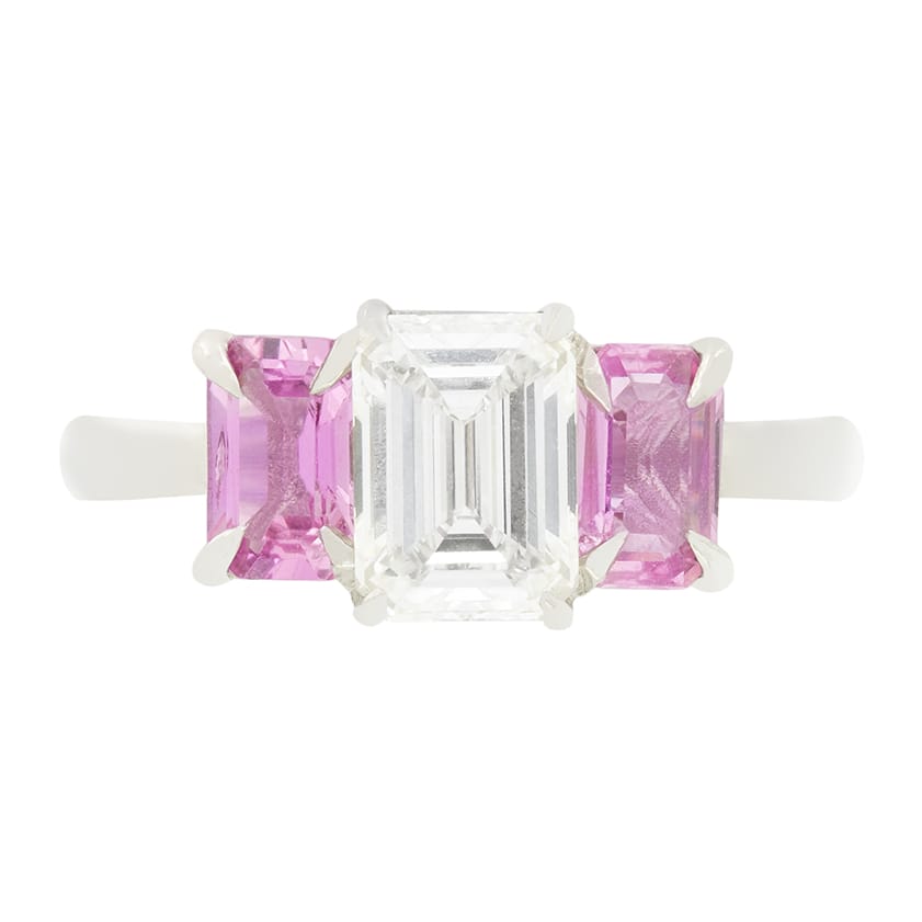 Contemporary 1.18ct Diamond and Pink Sapphire Three Stone Ring