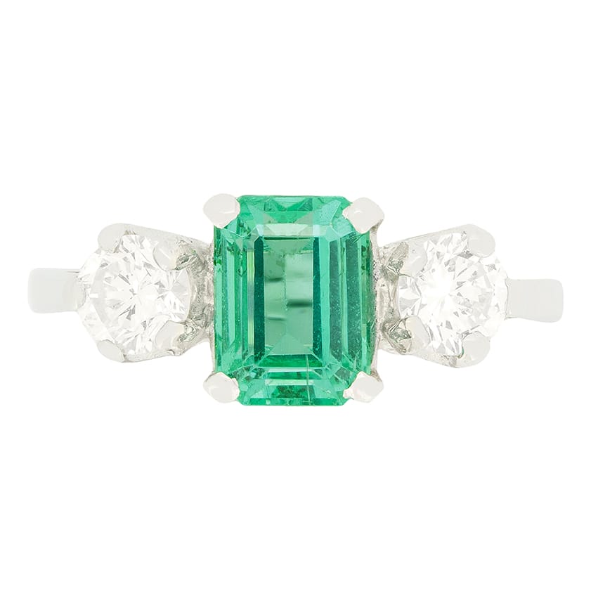 Vintage 1.10ct Emerald and Diamond Three Stone Ring, c.1950s