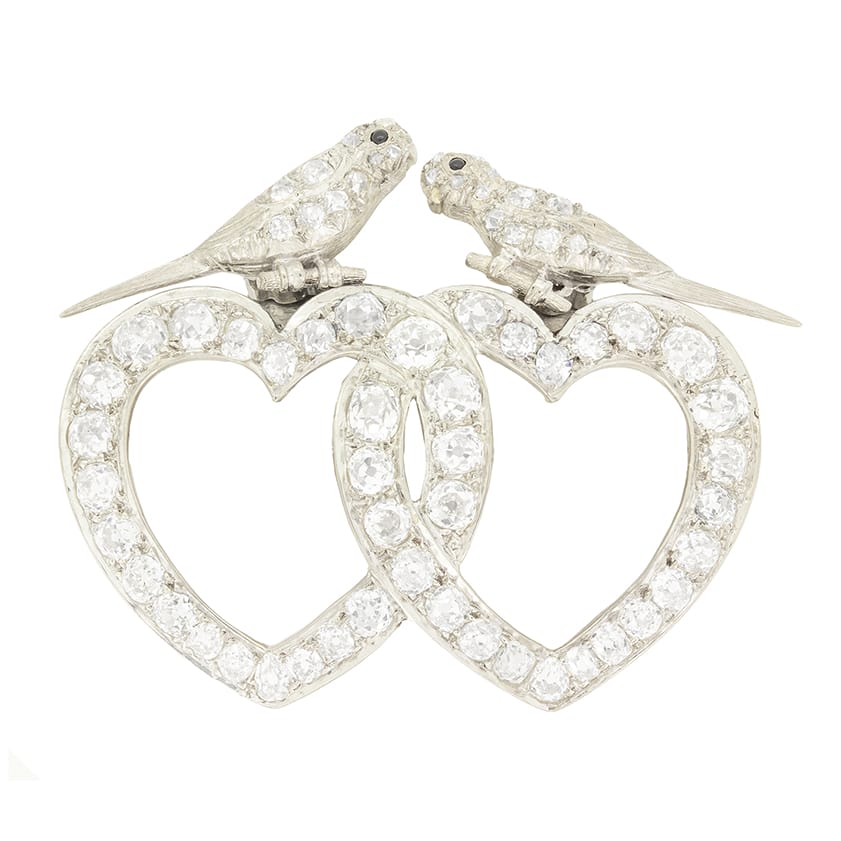 Art Deco 6.70ct Diamond Double Heart Brooch, c.1920s