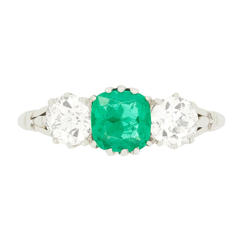 Art Deco 0.65ct Emerald and Diamond Three Stone Ring, c.1920s