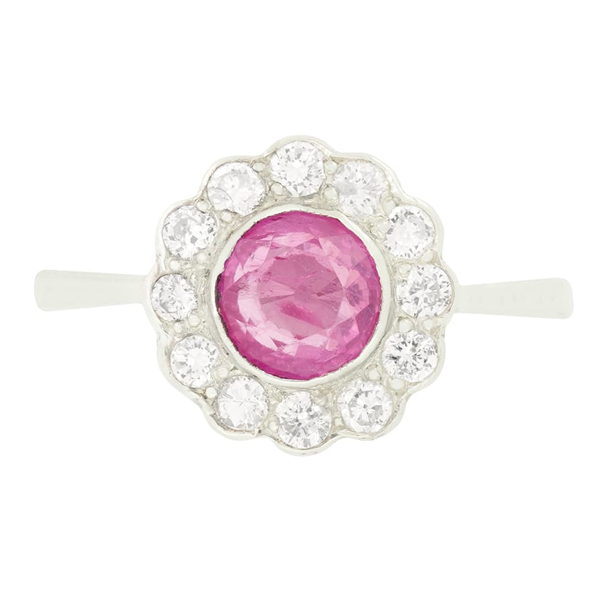 Vintage 0.90ct Pink Sapphire and Diamond Cluster Ring, c.1950s