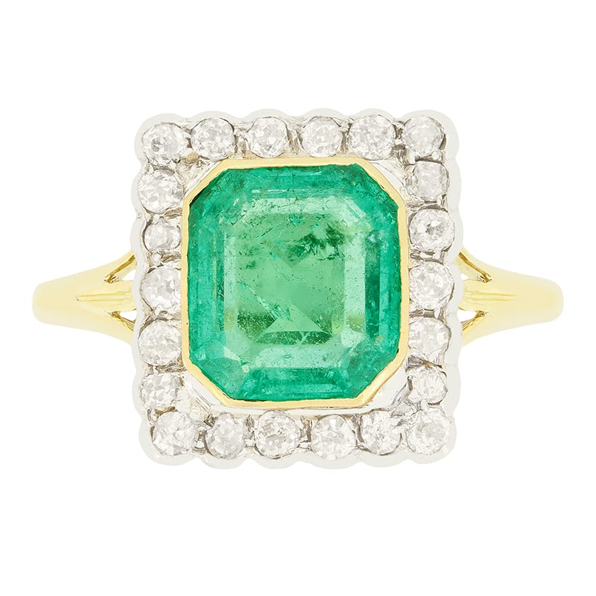 Edwardian 2.20ct Emerald and Diamond Cluster Ring, c.1910s