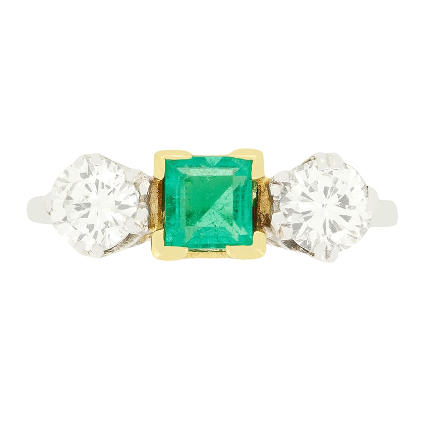 Late Deco 0.50ct Emerald and Diamond Three Stone Ring, c.1940s