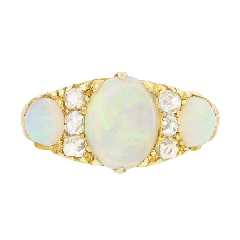 Victorian 2.10ct Opal and Diamond Three Stone Ring, c.1880s