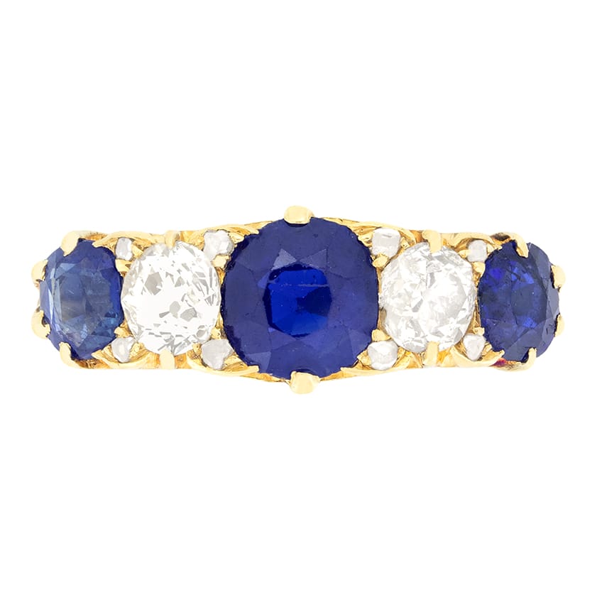 Victorian 2.60ct Sapphire and Diamond Five Stone Ring, c.1880s